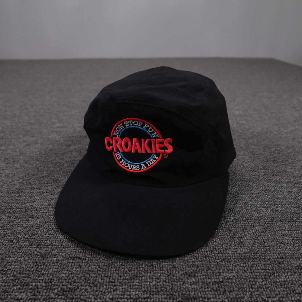 Vintage Croakies Hat Cap Strap Back One Size Black Nylon 5 Panel Baseball 90s